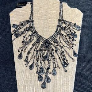 Hematite Chain & Glass Seed Beaded Fringe Necklace by Cookie Lee #93106
